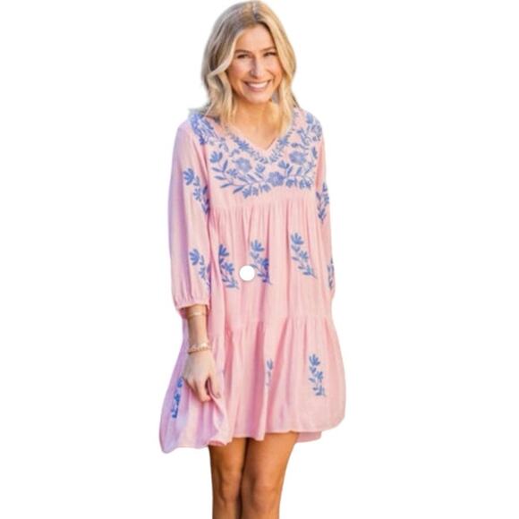 J. Marie Madeline Pink Embroidered Boho Mini Dress Size Small - Picture 1 of 12